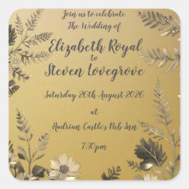 Adesivo Quadrado Casamento com Design Floral Leve e Simples em Dour