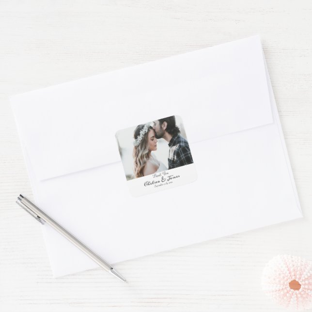 Adesivo Quadrado Casamento com Fotografias Elegante Branco Obrigado (Envelope)