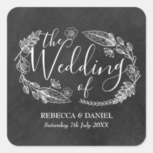 Adesivo Quadrado Casamento com Grinalda Floral Desenhada à Mão em Q