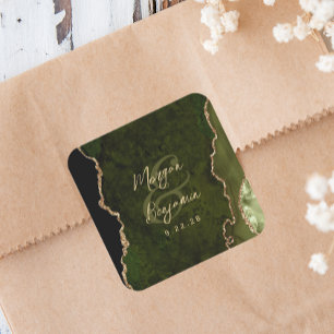 Adesivo Quadrado Casamento com Letra Dourada em Ágata Verde Oliva