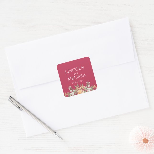 Adesivo Quadrado Casamento com magenta, pêssego e branco (Envelope)