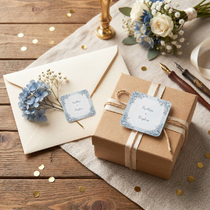 Adesivo Quadrado Casamento com Moldura Dourada Botânica Frost Azul 
