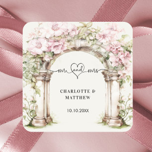 Adesivo Quadrado Casamento com mrs Heart script Pink florals Arch