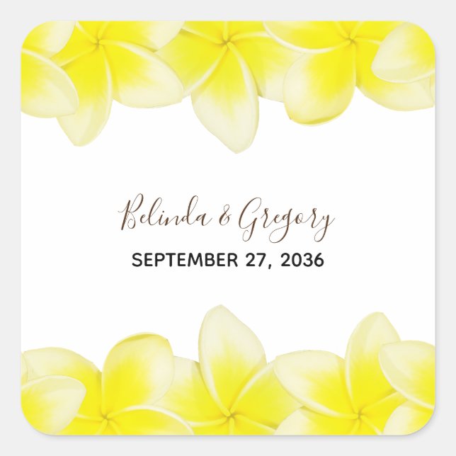 Adesivo Quadrado Casamento com Plumeria Frangipani Amarelo (Frente)