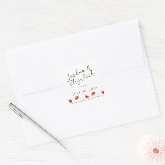 Adesivo Quadrado Casamento com Poppies Modernos Minimalistas (Envelope)