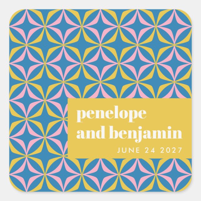 Adesivo Quadrado Casamento com Tipografia Azul-Brilhante Personaliz (Frente)