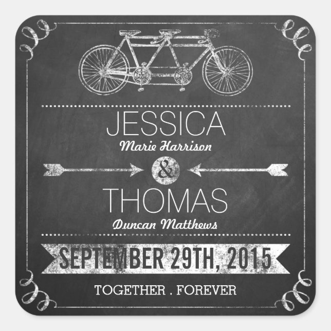 Adesivo Quadrado Casamento com Tipografia Tandem Bicycle Chalkboard (Frente)