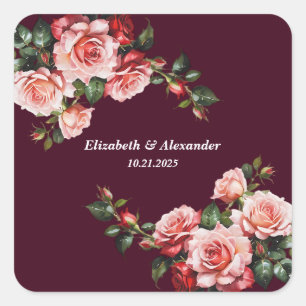 Adesivo Quadrado Casamento cor-de-rosa escuro e rosas vermelhas bur