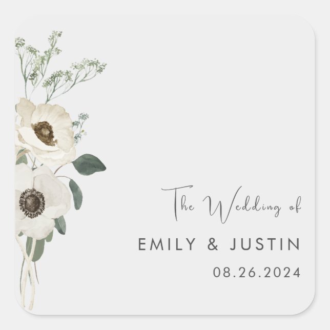 Adesivo Quadrado Casamento das Flores Brancas Modernas de Aquarela (Frente)
