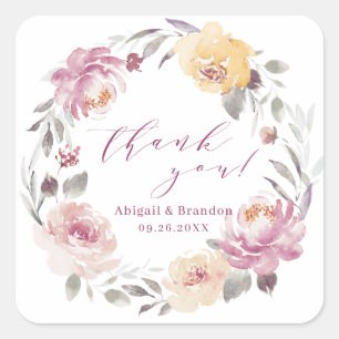 Adesivo Quadrado Casamento de agradecimento floral em mauve românti