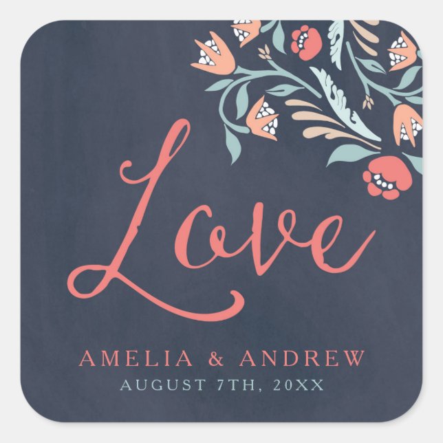 Adesivo Quadrado Casamento de Amor Floral Chalkboard Bluish (Frente)