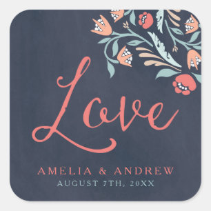 Adesivo Quadrado Casamento de Amor Floral Chalkboard Bluish