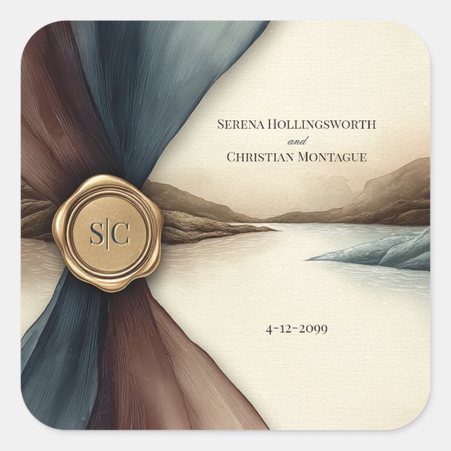 Adesivo Quadrado Casamento de Aquarela com Sombreado de Ameixa e Az (Frente)