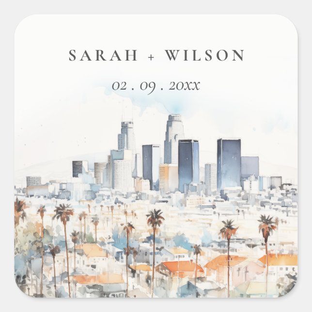 Adesivo Quadrado Casamento de Aquarela de Los Angeles, Califórnia (Frente)