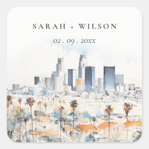 Adesivo Quadrado Casamento de Aquarela de Los Angeles, Califórnia