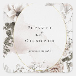 Adesivo Quadrado Casamento de Aquarela Floral Rosa Bege Cinza