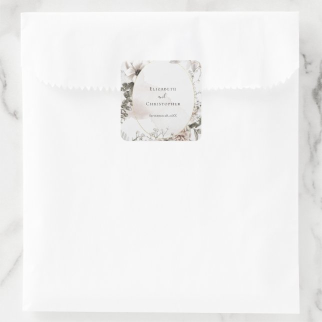 Adesivo Quadrado Casamento de Aquarela Floral Rosa Bege Cinza (Bolsa)