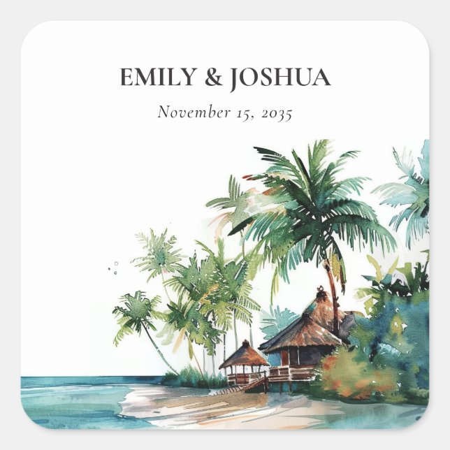 Adesivo Quadrado Casamento de Aquarela Tropical de Praia (Frente)