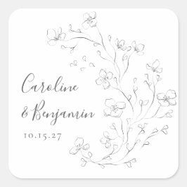 Adesivo Quadrado Casamento de Arte Floral Branca Minimalista Boho N