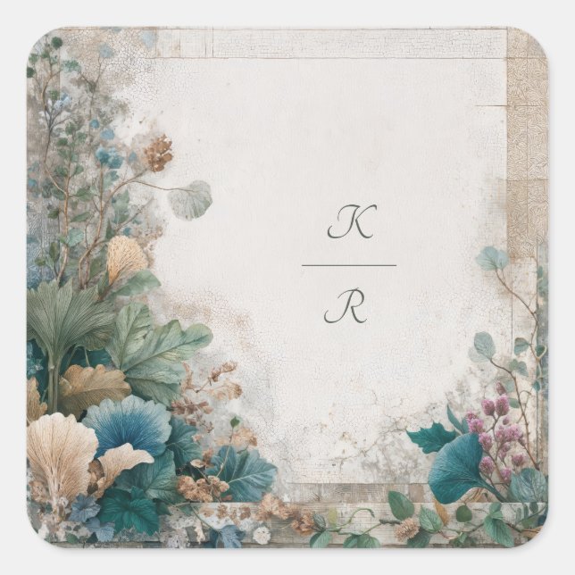 Adesivo Quadrado Casamento de Arte Folk Rustic Greenery (Frente)