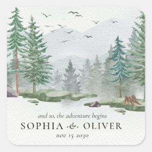 Adesivo Quadrado Casamento de Árvore Verde da Montanha Rustic Water