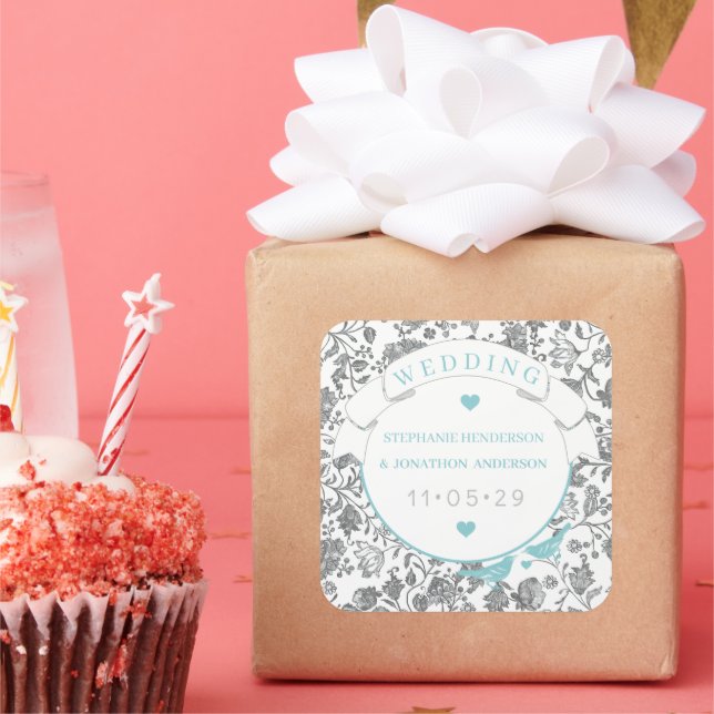 Adesivo Quadrado Casamento de Aves Azuis com Cinza Aqua (Festa)