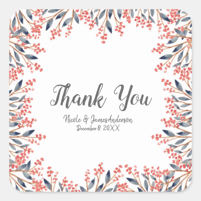 Adesivo Quadrado Casamento de Berries de inverno com Feriado Vermel (Frente)