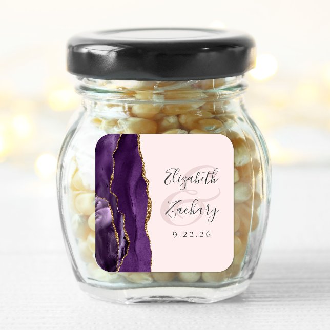 Adesivo Quadrado Casamento de Blush Dourado Roxo com Script Geode A (Criador carregado)