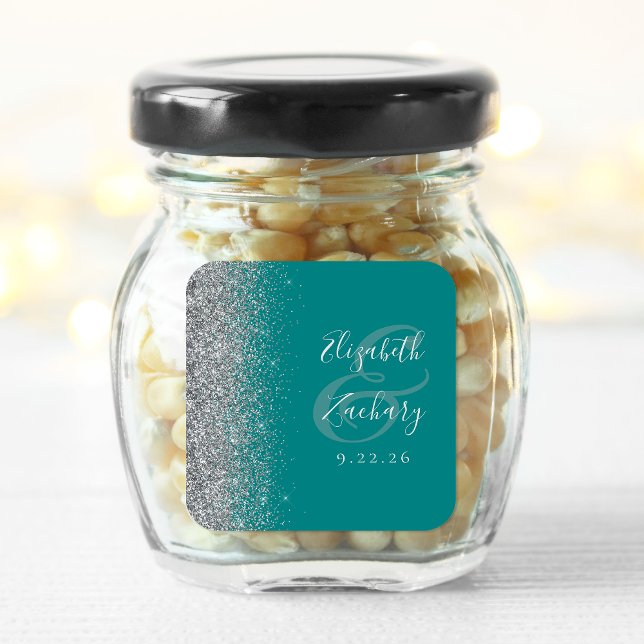 Adesivo Quadrado Casamento de Borda Glitter Azul-Teal Moderno (Criador carregado)