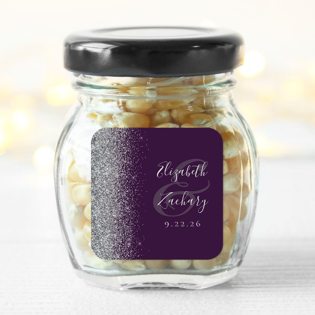 Adesivo Quadrado Casamento de Borda Glitter de Prata Roxo Moderno E (Criador carregado)