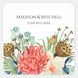 Adesivo Quadrado Casamento de Buquê de Cores de Água de Boho Selvag