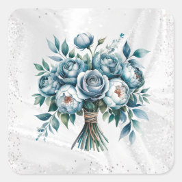 Adesivo Quadrado Casamento de Buquê de Prata Azul Elegante