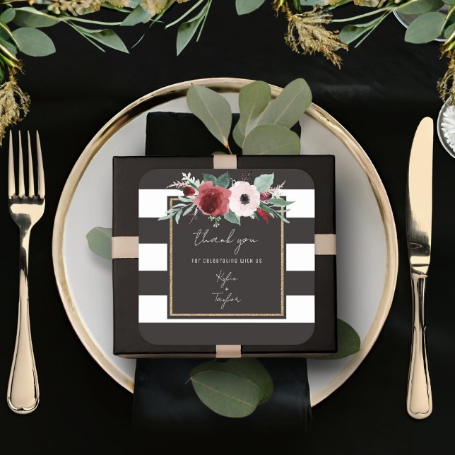 Adesivo Quadrado Casamento de Casais de Stripe Negra Floral Magenta (Criador carregado)