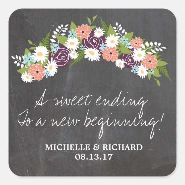 Adesivo Quadrado Casamento de Chalkboard Floral Wreath (Frente)