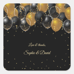 Adesivo Quadrado Casamento de Confetti com Balões Negros Dourados 