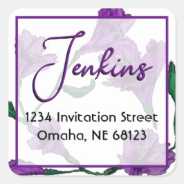 Adesivo Quadrado Casamento de Cor de Água Floral Púrpura