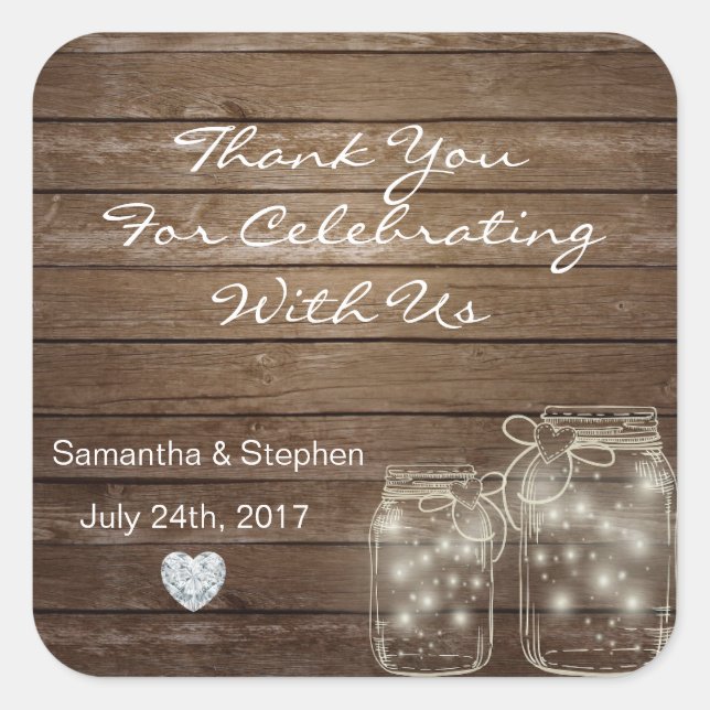 Adesivo Quadrado Casamento de Corações de Madeira de Mason Jars Rus (Frente)