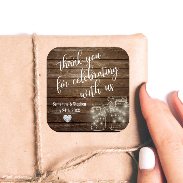 Adesivo Quadrado Casamento de Corações de Madeira de Mason Jars Rus (Criador carregado)
