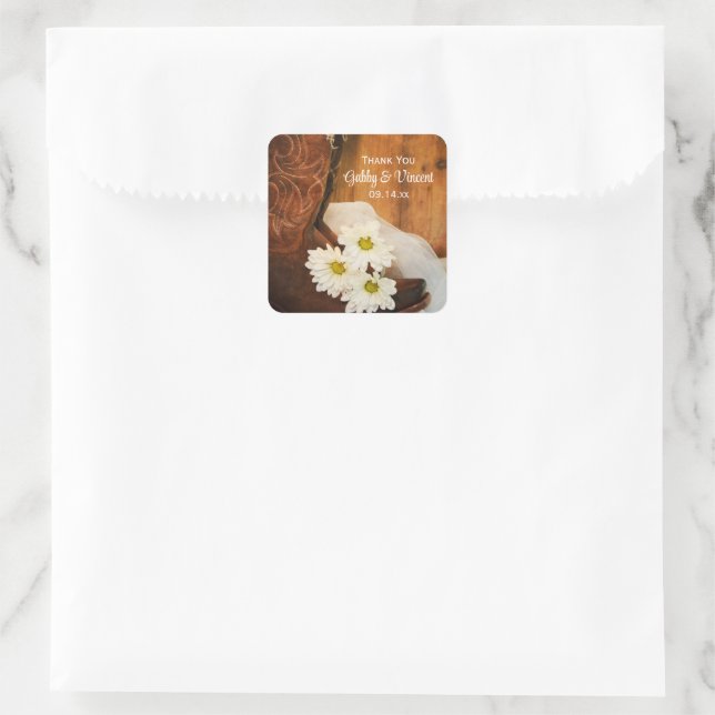 Adesivo Quadrado Casamento de Daisies Cowboy Boots Obrigado Etiquet (Bolsa)