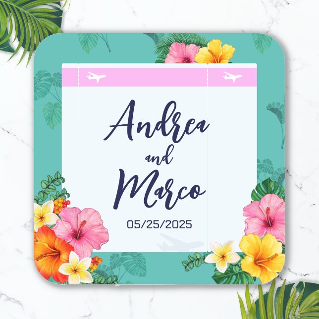 Adesivo Quadrado Casamento de Destino de Embarque Tropical (Boarding Pass Destination Wedding Sticker)