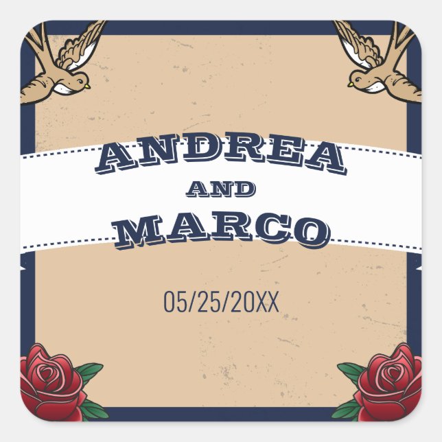 Adesivo Quadrado Casamento de Destino Gótico Rockabilly Tattoo (Frente)