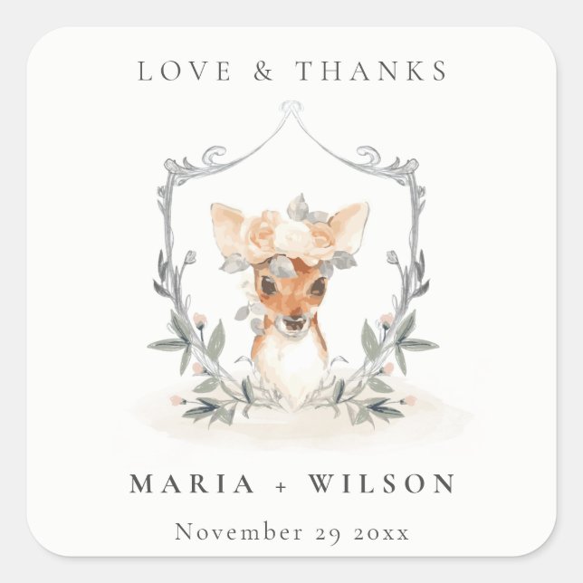 Adesivo Quadrado Casamento de Dusky Deer Floral Crest (Frente)