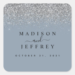 Adesivo Quadrado Casamento de Dusty Blue & Silver Glitter