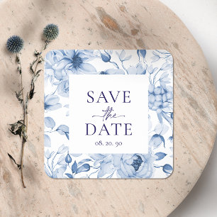 Adesivo Quadrado Casamento de Elegante Blue Floral "Salve a Data"