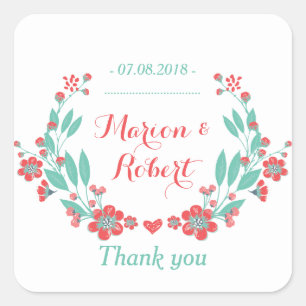 Adesivo Quadrado Casamento De Flor Coral Vermelho Vintage Obrigado 