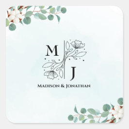 Adesivo Quadrado Casamento de Flores de Algodão e Eucalipto Verde