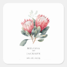 Adesivo Quadrado Casamento de Flores de Aquarela Protea Blush