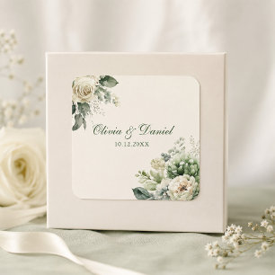 Adesivo Quadrado Casamento de Flores de Marfim e Verde Salvia