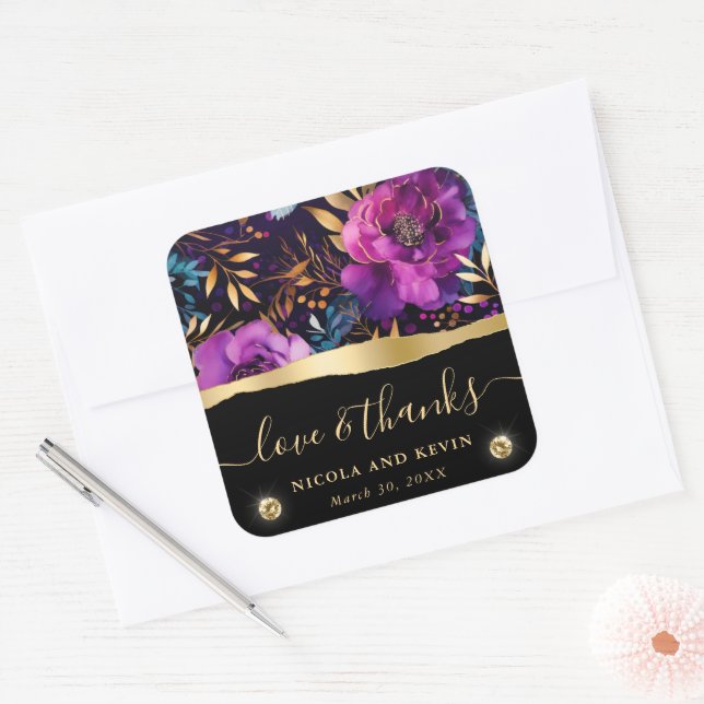 Adesivo Quadrado Casamento de Flores de Púrpura e Teal com Aquarela (Envelope)