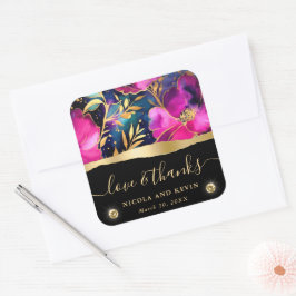 Adesivo Quadrado Casamento de Flores Roxas e Turquesa em Aquarela